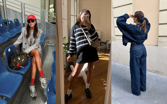 Trois looks mode féminins tendance : tailleur oversize, pull rayé avec jupe, et ensemble en denim porté en ville.